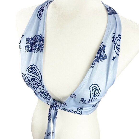 Shein Blue Paisley Tie Front Cropped Halter Top Sz S Stretch - Picture 3 of 5